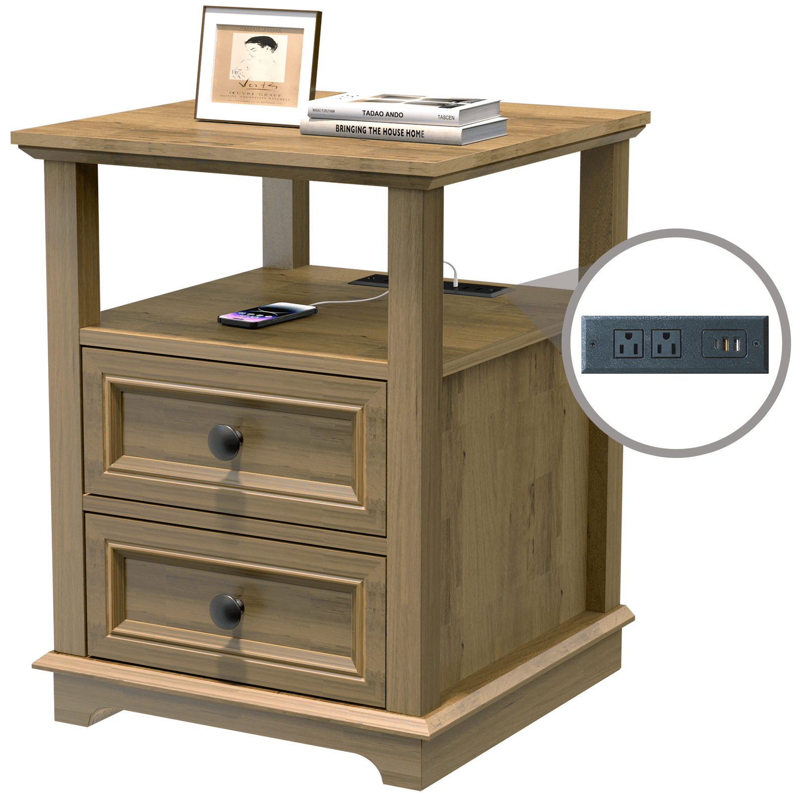 FAGAGA End Table with 2 Drawers, Wooden Nightstand with Charging Station for Bedroom, Light Brown