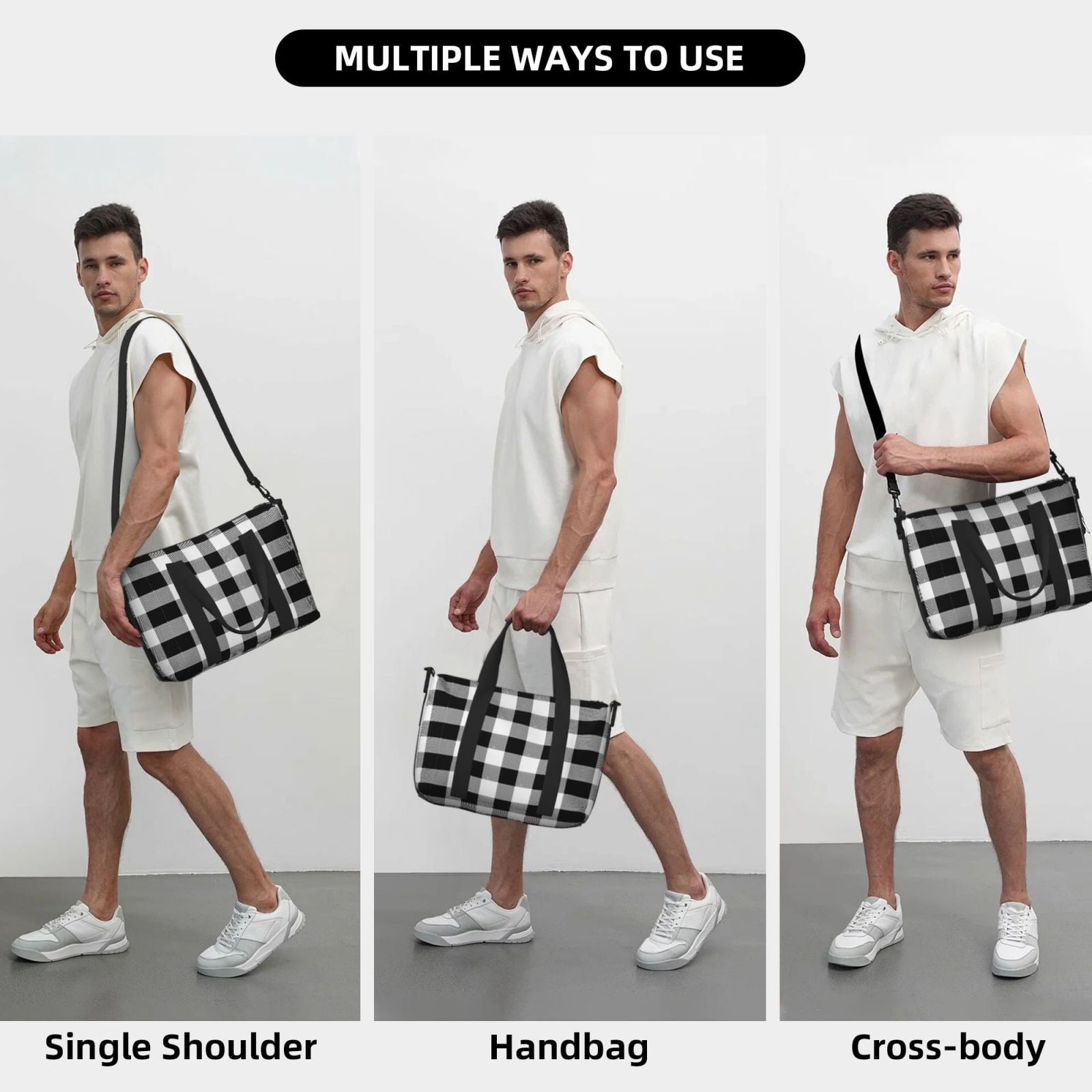 Travel Duffel Bag Black White Plaid Sports Tote Gym Bag Shoulder Weekender Overnight Bag For Women Men