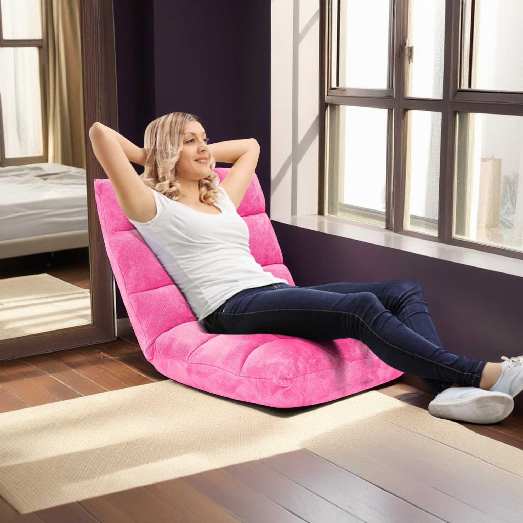 Demi Bonn Adjustable 14-position Cushioned Floor Chair, Folding Lazy Sofa Chair for Living Room, Bedroom, for Gaming, Reading, Pink