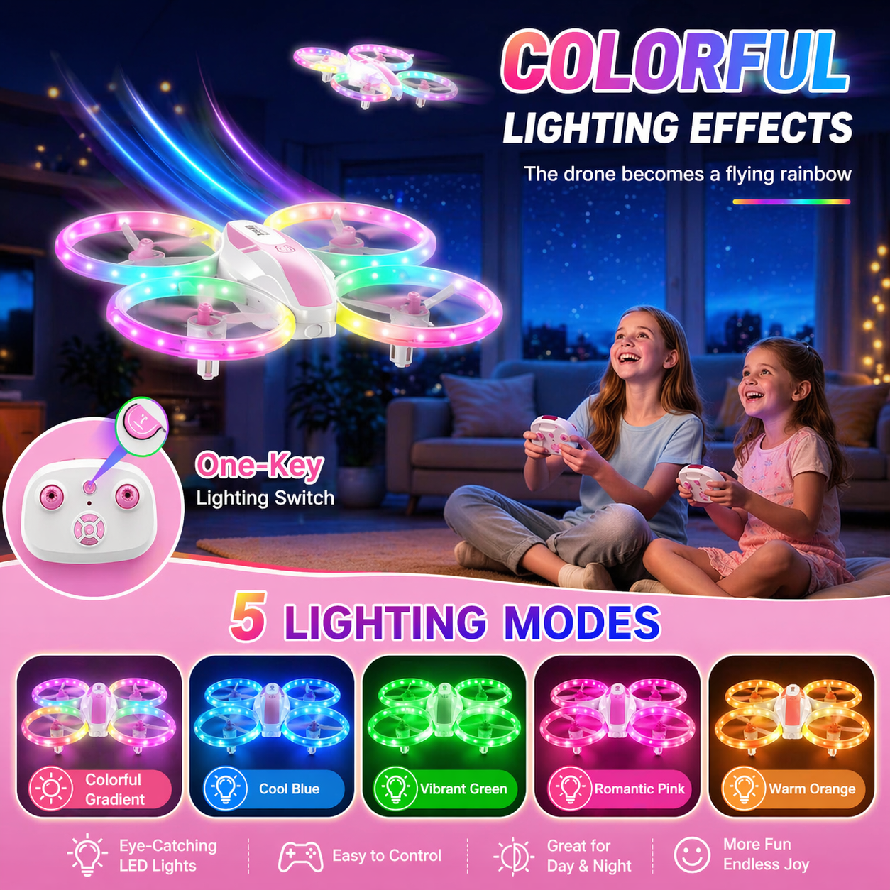 Kid Drone for Kids, Drone for Kid with LED Lights, Mini Drone for Kid, Toy Drone Quadcopter Remote Controls Drone for Children Boys Girls, Small Flying Toy for Kid Pink