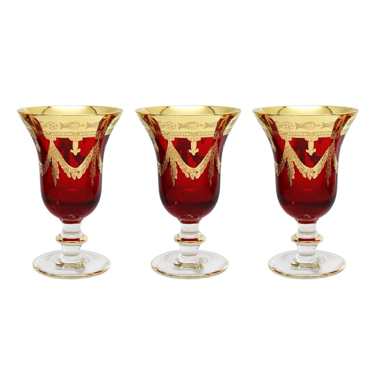 Barski Set Of 6 Lead-Free Crystal Goblets - 18 Oz Red Wine/Water Glasses With Gold Decoration, Made In Europe