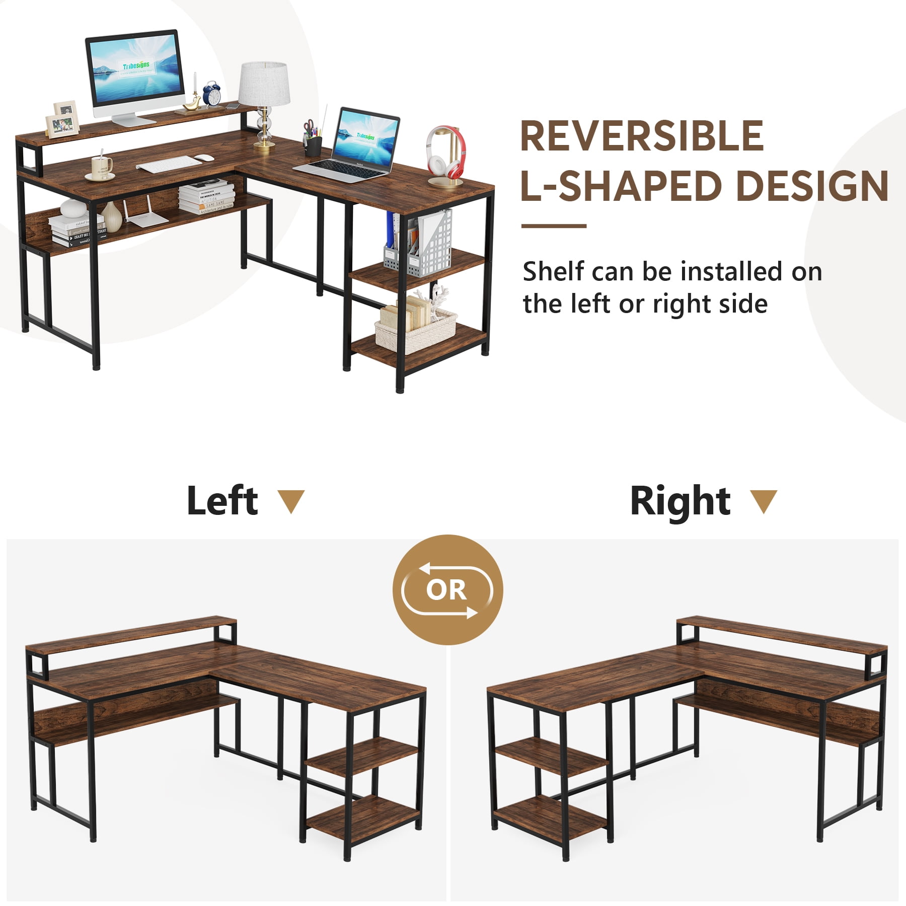 Tribesigns 59 Inch L Shaped Desk with Monitor Stand, Reversible 並行輸入品 Tribesigns Reversible L Shaped Desk with Monitor Stand, 59 Inch