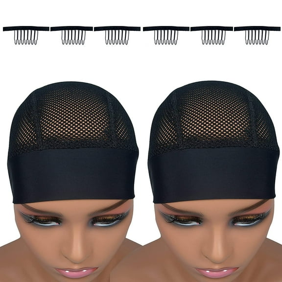 2pcs Headband wig cap for making wig,Adjustable velco Lace headband mesh dome caps with hook and loop,weaving Wig Grip Cap Black with big holes for women man and gift 6pcs wig combs