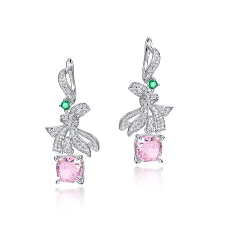 Bow Pink Dangle Earrings for Women Cushion Cut 5 Carat Hypoallergenic Trendy Bridal Earrings for Wedding 925 Sterling Silver Drop Earrings