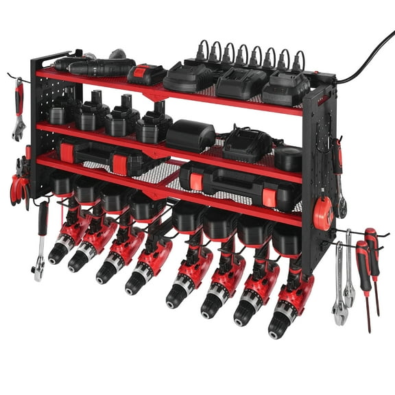 KFFKFF Power Tool Organizer with Charging Station, 3-Tier Drill Storage Rack with 4 Drill Slots & Side Pegboard, Garage Tool Rack with 8-Outlet Power Strip for Garage, Workbench, and Workshop