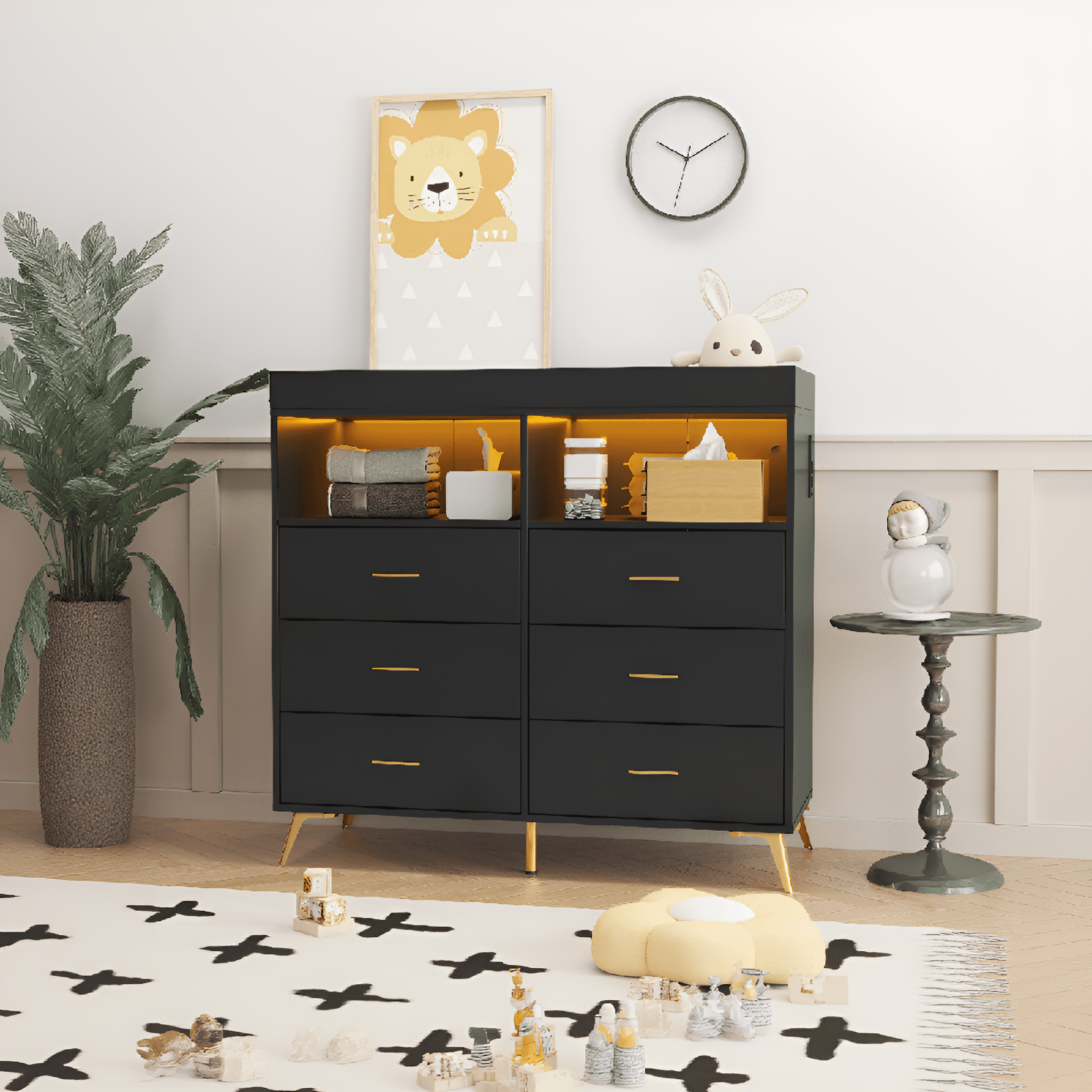 Baby Changing Table with LED Lighting and Power Outlet, 6-Drawer Nursery Dresser with Open Shelves, Multi-Functional Diaper Organizer