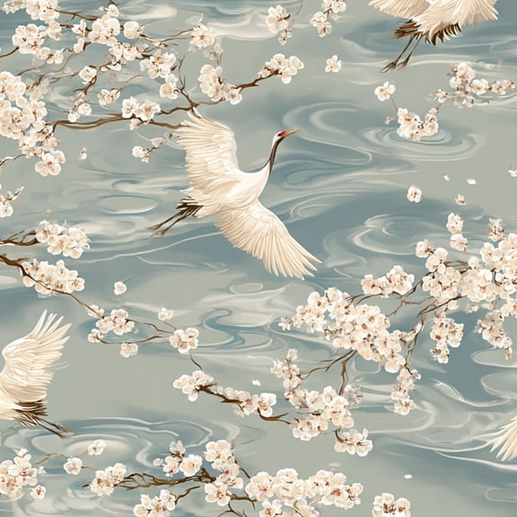 Crane Peel and Stick Wallpaper 17.7in x 9.8ft Graceful Cranes Among Cherry Blossom Contact Paper Vinyl Waterproof Self Adhesive Wall Paper for Bedroom Shelf Cabinet Renter Friendly