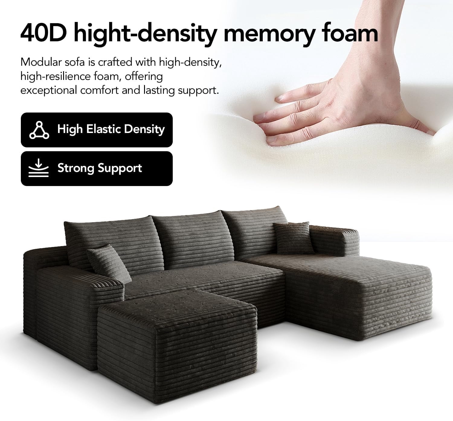 MOONMISS Small Modular Sectional Sofa with Movable Chaise and Ottoman,U-Shaped Boneless Cloud Couch for Living Room Apartment,Gray(Right Facing Chaise)
