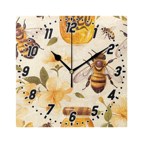 Bees and Honey Wall Clock Battery Operated Silent Non-Ticking Bedroom Office Kitchen Home School Decor 7.8"(Black)