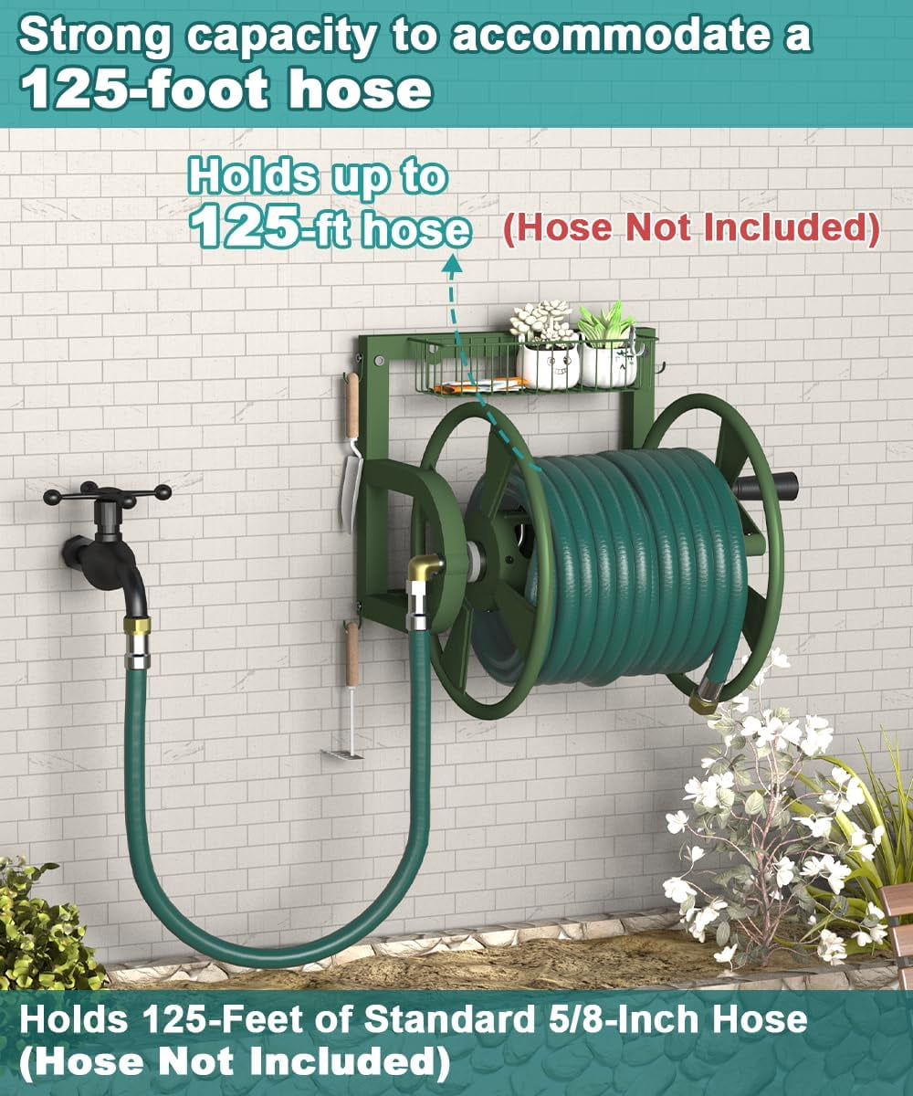 Outdoor Wall Mounted Hose Reel with Hook, Garden Heavy-Duty Water Holder Winder with 3.9 ft Leader Hose, Brass Fitting and Storage Basket for Yard, Holds 125 Ft of 5/8-Inch Hoses, Green