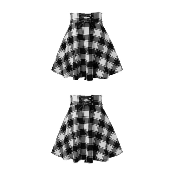 Minnieouse corta a cuadros para mujer, plisada a cuadros con parte inferior oscilante, faldas de primavera y otoño, ropa de discoteca, vestido Negro SG 2Conjunto