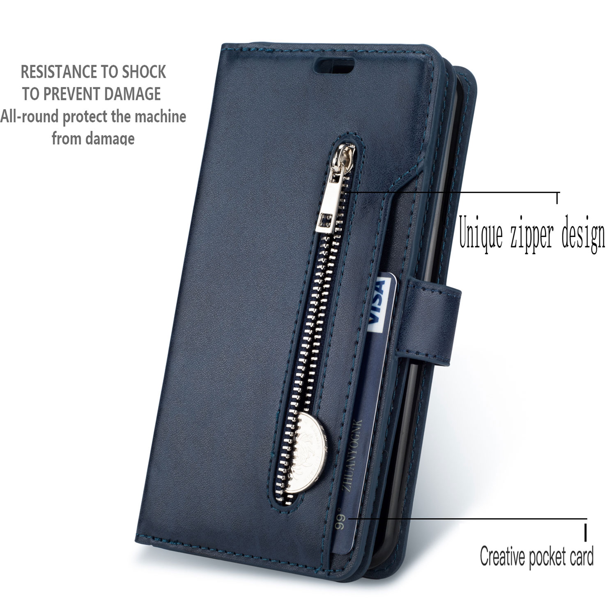 iPhone 11 Pro Max 6.5 inch Wallet Case, Dteck 9 Card Slots Premium Leather Zipper Purse case Flip Kickstand Folio Magnetic with Wrist Strap Credit Cash Cover For Apple iPhone 11 Pro Max, Blue - image 2 of 7