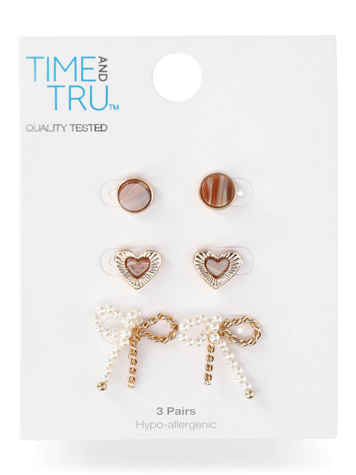Time and Tru Women's Trio Heart and Bow Earring Set, 3 Pair, Brown Stone Circle Stud, Heart textured Stud, Pearl and Gold Metal Bow Stud