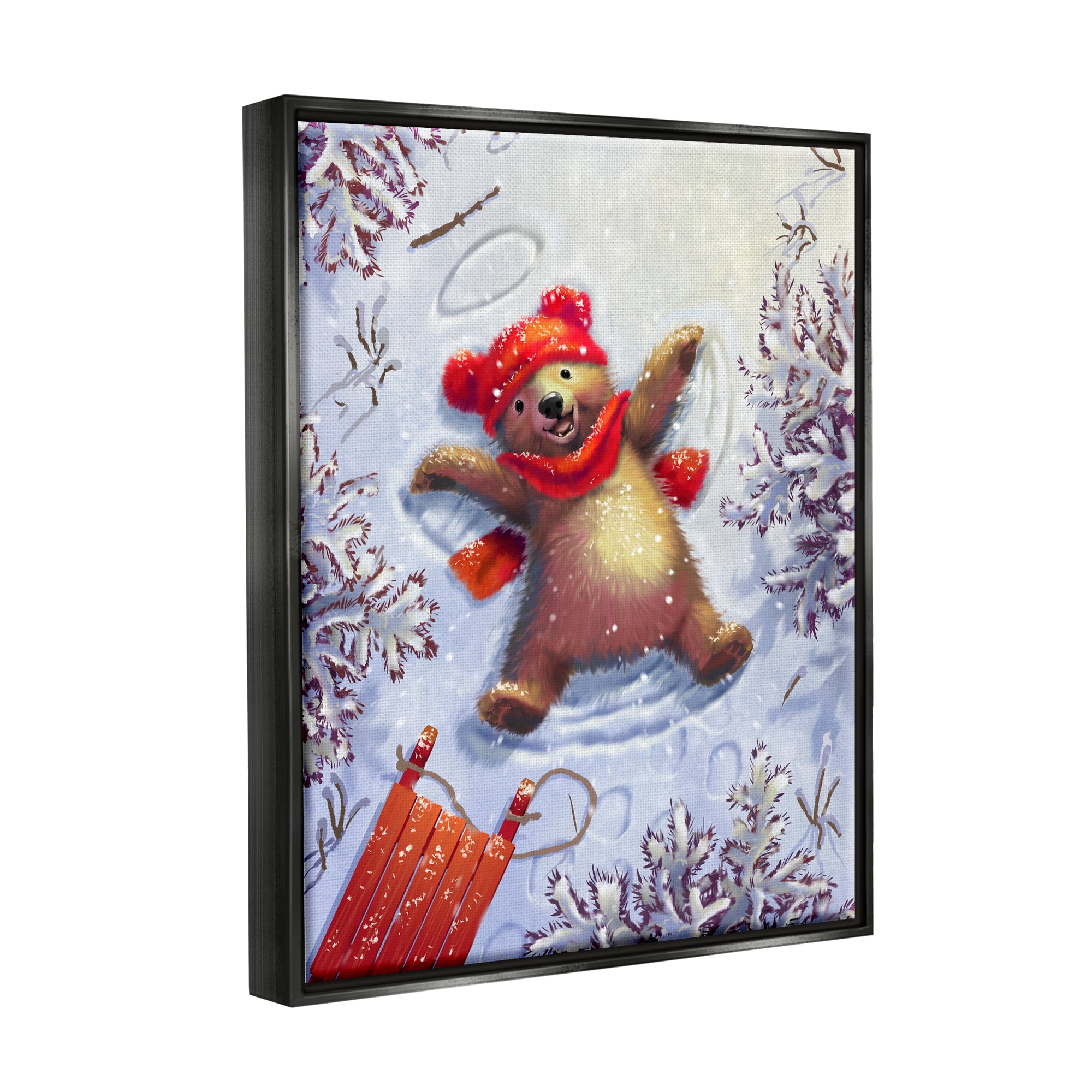Stupell Industries Bear Cub Snow Angel Sled Holiday Painting Black Floater Framed Art Print Wall Art