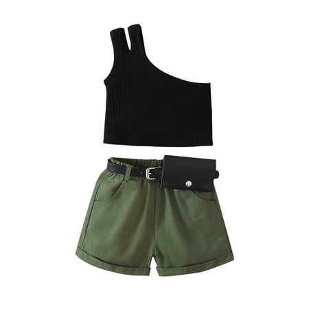 

Toddler Girls Outfits Sets Off Shoulder Sleeveless Ribbed Vest Tops Shorts Belt Newborn Kids Children Spring Summer Cute Fashion Leisure Outwear Suit