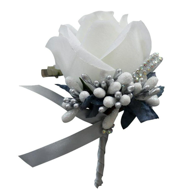 White Flower Brooch Pin with Silver Decorations