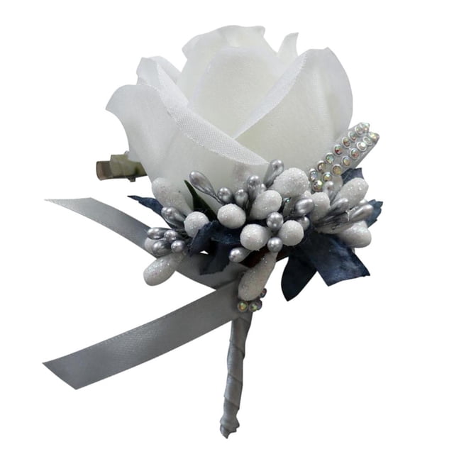Broche de boda Artificial Sunnimix Boutonniere Corsage Broche Pin Gris blanco y plateado