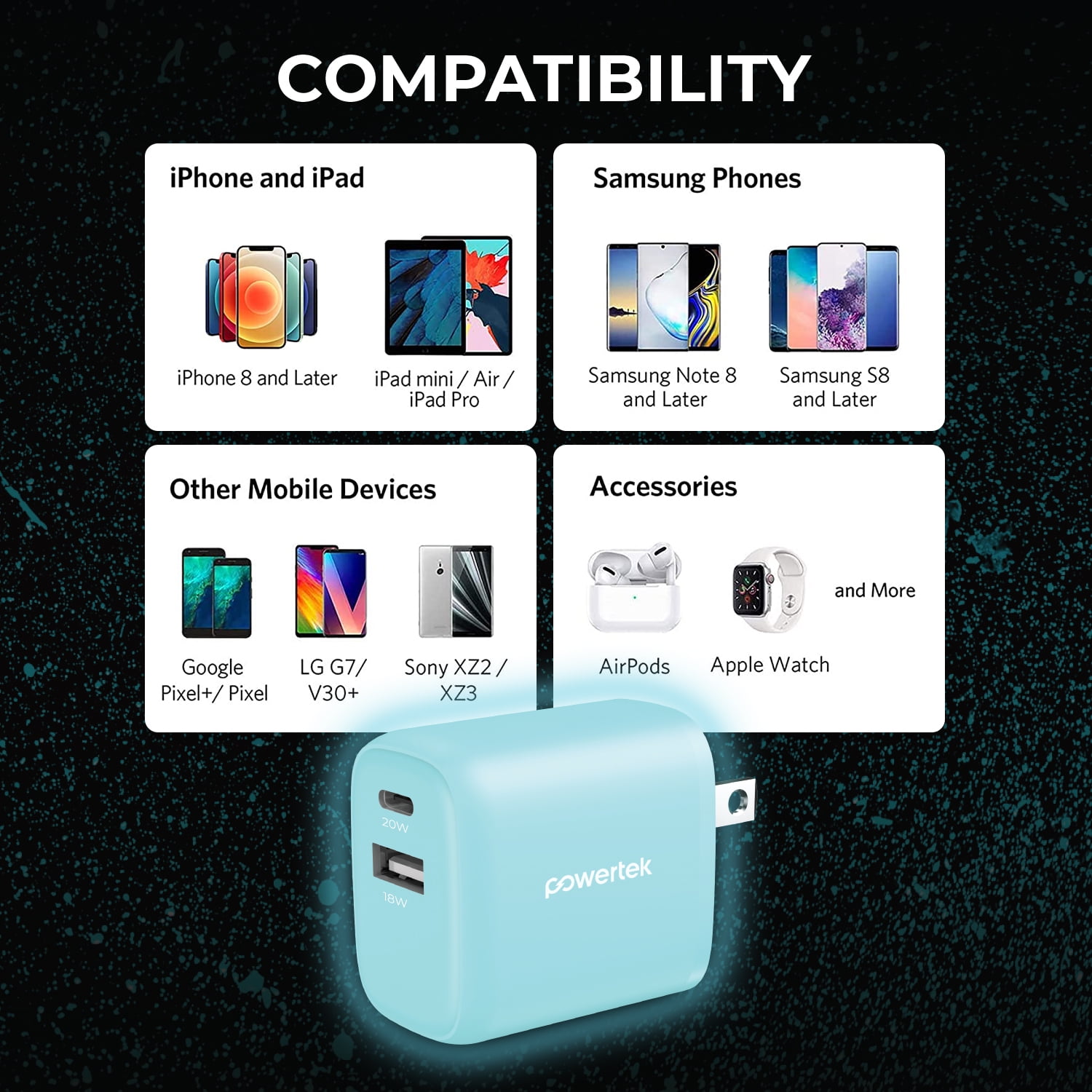 Liquipel Powertek Glow in the Dark 20W Combo Wall Charger - Blue