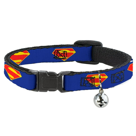 DC Comics Cat Collar, Breakaway Collar with Bell, DC League of Super Pets Superman Shield Logo Blue Red Yellow, 8.5 to 12 Inches 0.5 Inch Wide