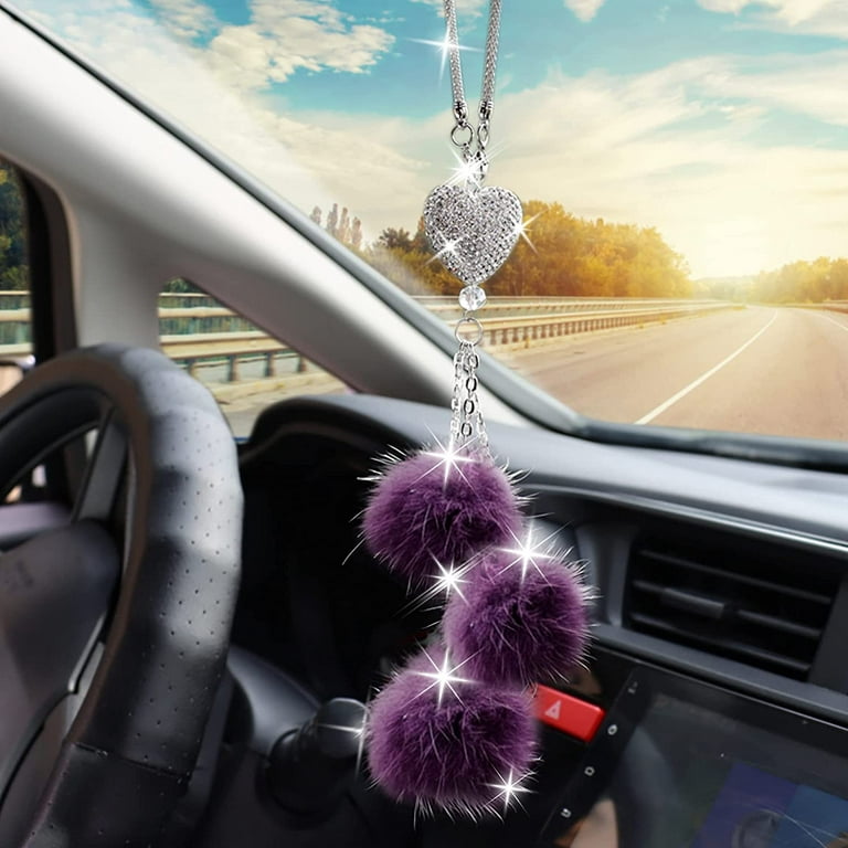 Car Bling Rear View Mirror Hanging Accessories for Women & Men, Rhinestones Diamond Love Heart and Purple Plush Ball Crystal Sun Catcher Lucky