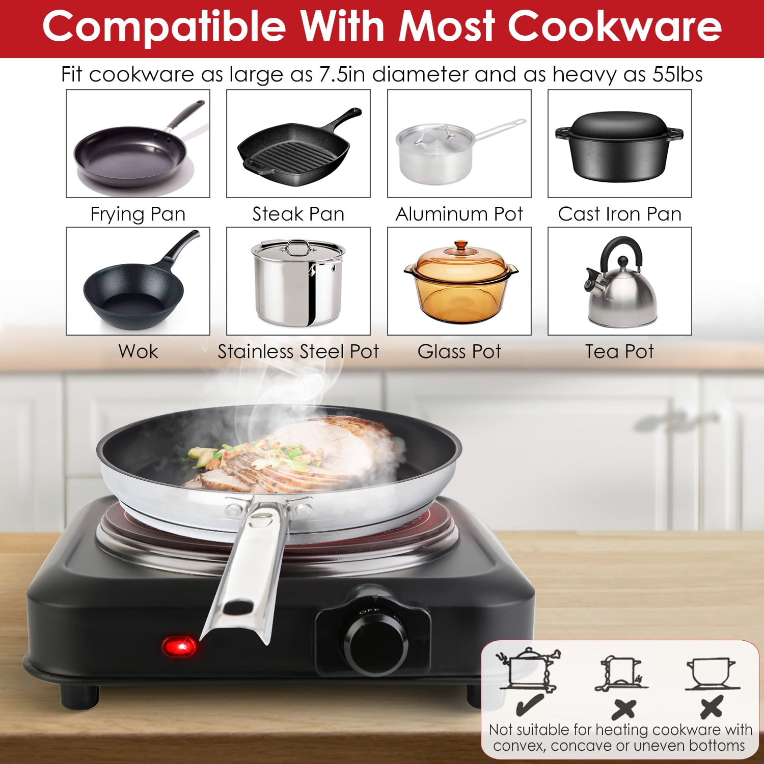 Moclever 1000W Electric Hot Plate, Electric Infrared Single Burner Portable Countertop Burner with 7.5” Glass Cooktop Stepless, Black