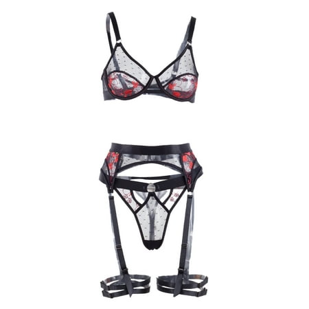 

Carolilly Women 3 Pieces Erotic Lingerie Set Flower Embroidery See-Through Bra + Sheer Panties + Bandage Garters Underwear Suit
