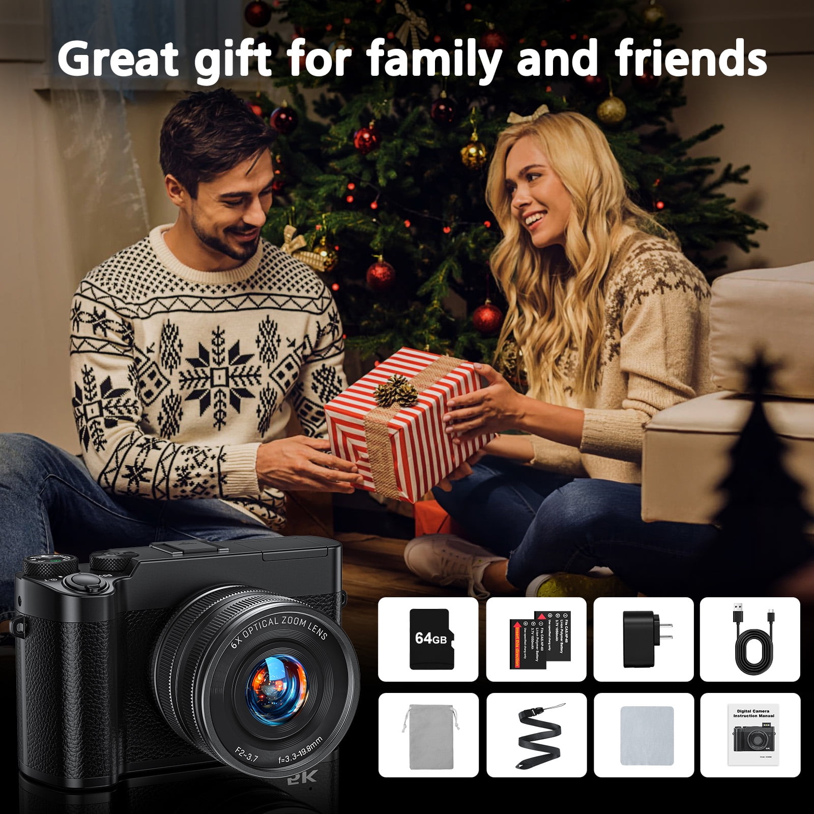 5K Digital Camera,64MP Vlogging Camera, Rear and Front Cameras for Photography and Video, Autofocus & Anti-Shake, Travel Selfie for YouTube with Flash Dial 64GB Card
