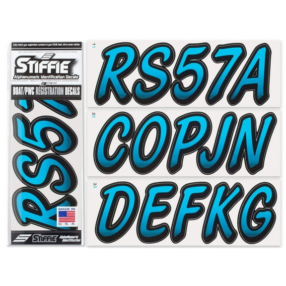 STIFFIE Whipline Sky Blue/Black 3" Alpha-Numeric Registration Identification Numbers Stickers Decals for Boats & Personal Watercraft