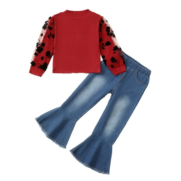 Kucnuzki 6T Little Girls Outfits Set 7T Girl Kids Child Winter Clothes Puff Long Sleeves Floral Knitted Top Flared Denim Pants Jeans 2PCS Warm Clothing Sets Red 6-7 Years