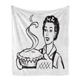 thumbnail image 1 of Vintage Woman Soft Flannel Fleece Blanket, Housewife Wearing Mittens Holding and Serving Freshly Baked Pie at Home, Cozy Plush for Indoor and Outdoor Use, 70" x 90", Black and White, by Ambesonne, 1 of 6