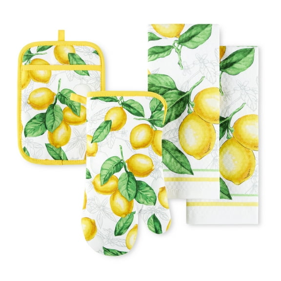 Martha Stewart Lots of Lemons Modern Kitchen Towel, Oven Mitt & Potholder Set 4-Pack, White-Yellow, 2KT: 16"x28", OM: 7"x13", PH: 7"x10"