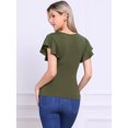 thumbnail image 3 of DARING DIVA Women's Stylish V Neck Cinched Waist Ruffle Sleeve Blouse L Dark Green, 3 of 6