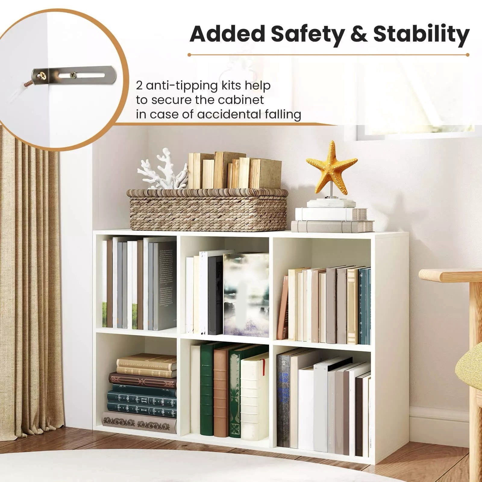 Harmijoy 6-Cube White Bookshelf, 3-Tier Wooden Storage Organizer w/ Anti-tipping Kits, Modern Freestanding Bookcase Display Shelf