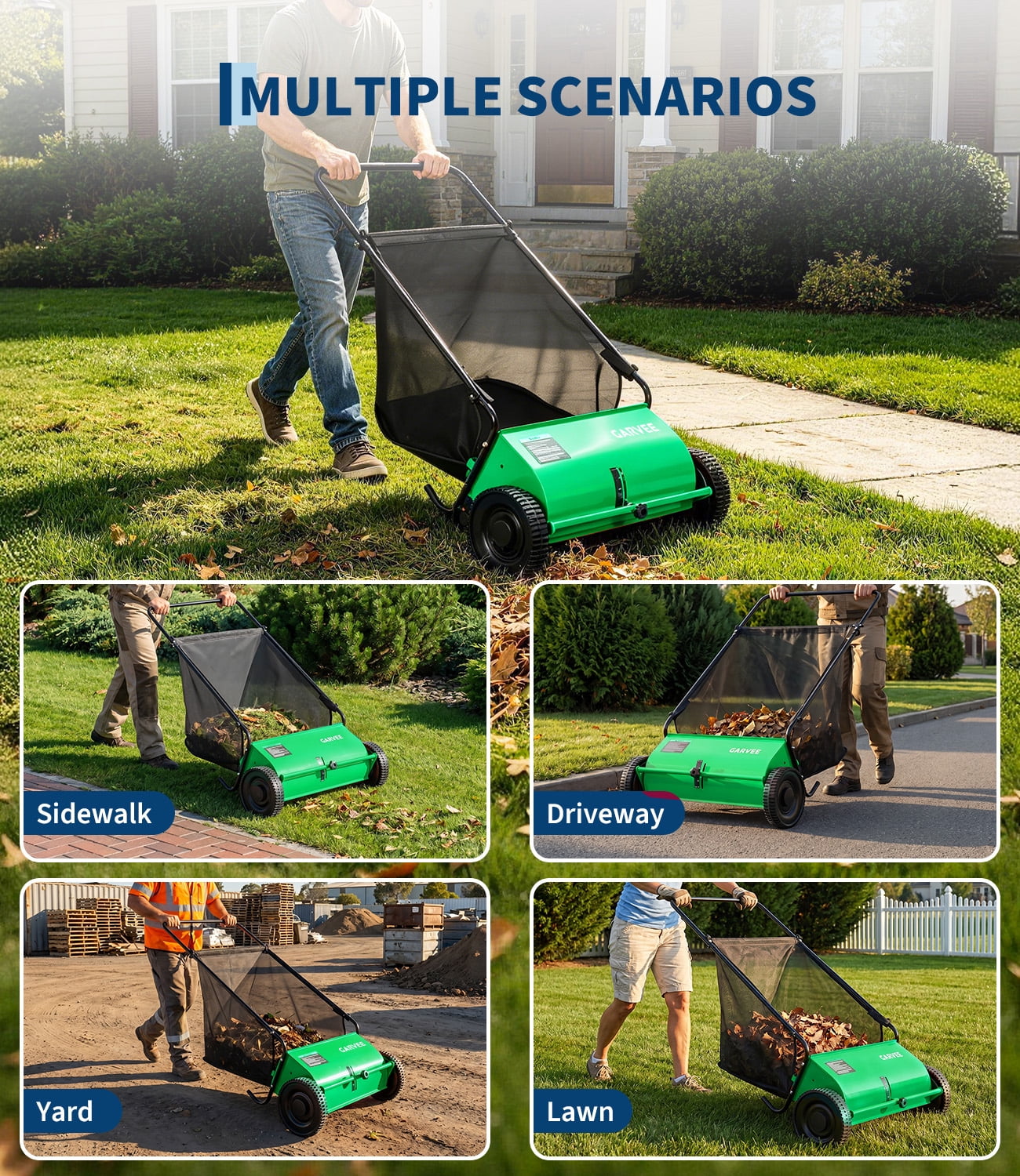 26-Inch Push Lawn Sweeper – 7 Cu. ft Mesh Grass Cutter – Adjustable Height – 4 High-Speed Spinning PP Brushes – Durable Steel Frame & Rubber Wheels – Yard Leaf and Grass Collector