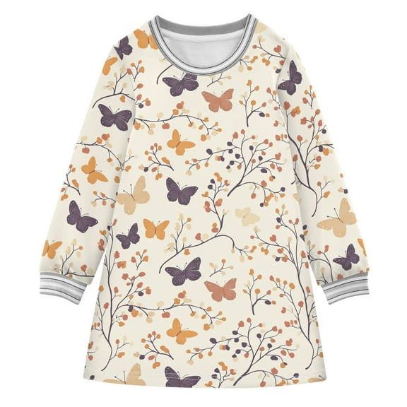 Butterflies Amongst Branches Girls'long-sleeved dress Thickened A-dress Warm Dress Basic Shirt Party Dresses