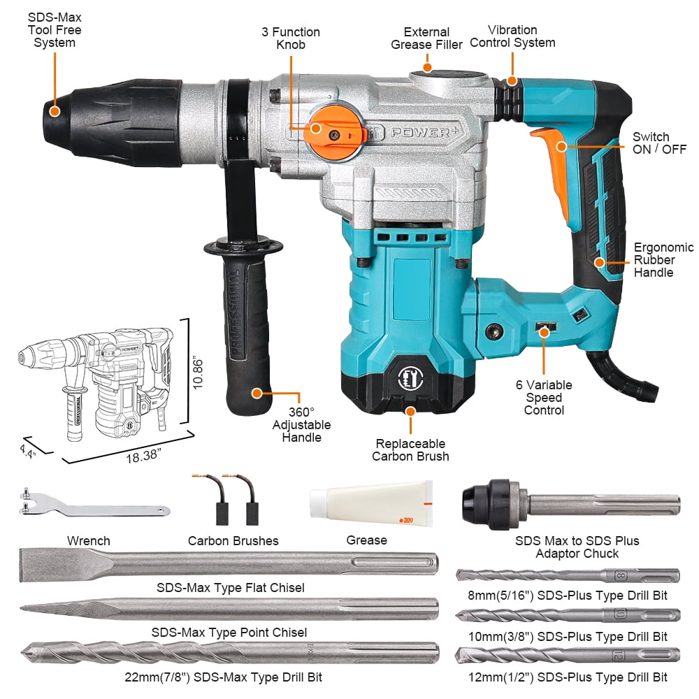 Berserker 1-9/16 in Sds-Max Rotary Hammer, 13 Amp Corded Electric, Vibration Control, Safety Clutch, Carrying Case with Bits Included