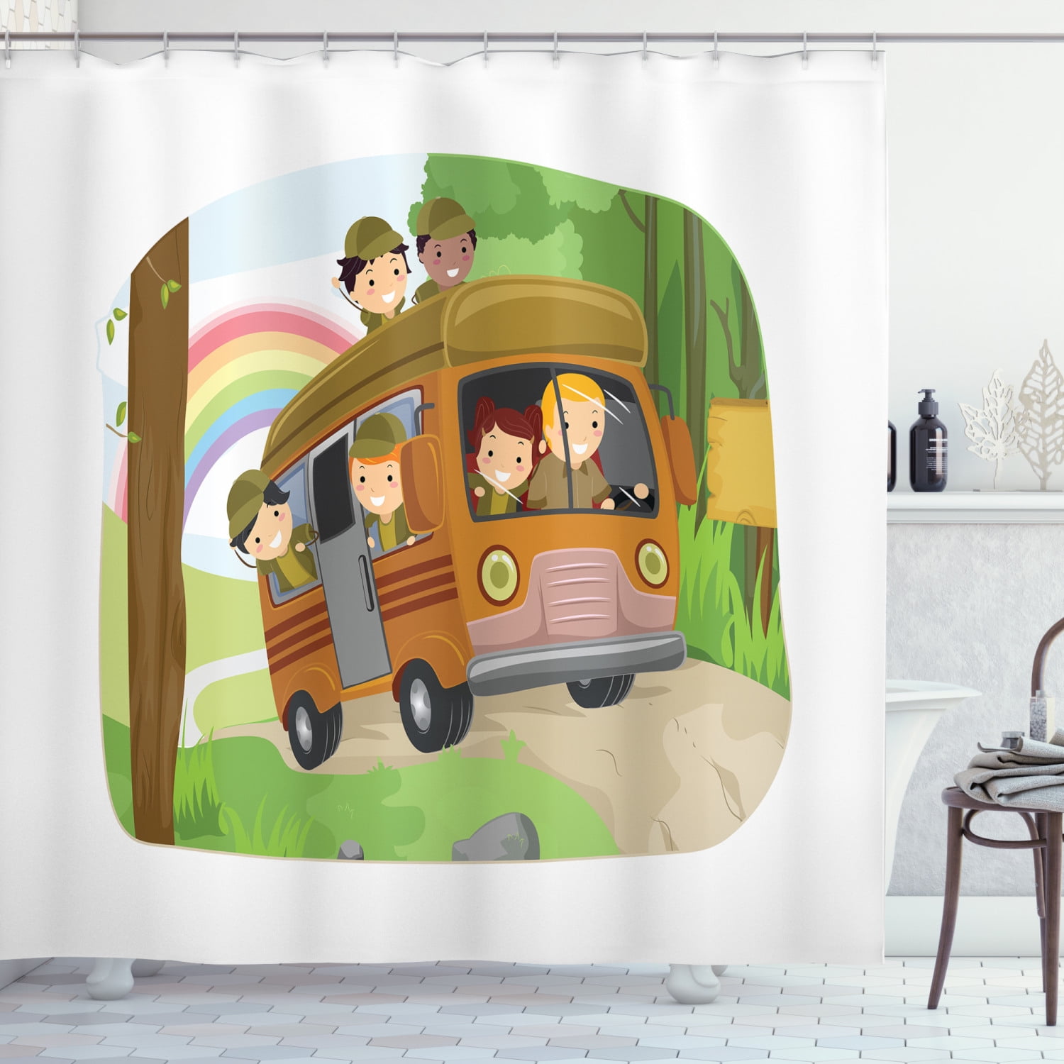 Camper Shower Curtain, Boy Scouts Going Camping Children Cartoon