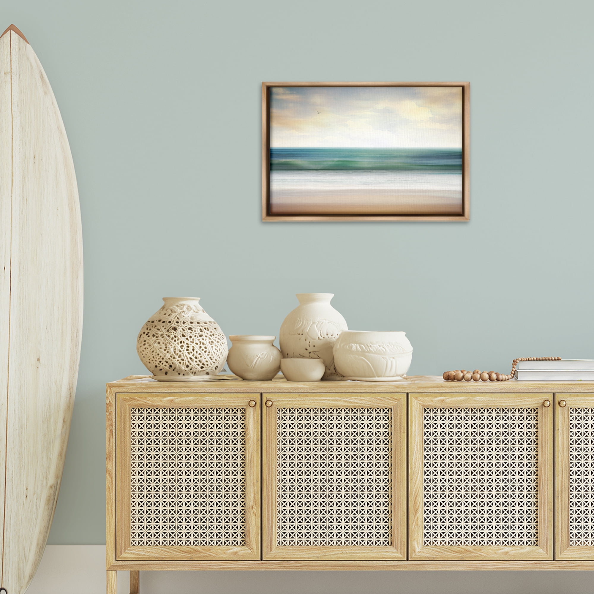 Stupell Industries Lone Seagull Over Beach Landscape Painting Brown Floater Framed Canvas Art Print Wall Art, 25 x 17