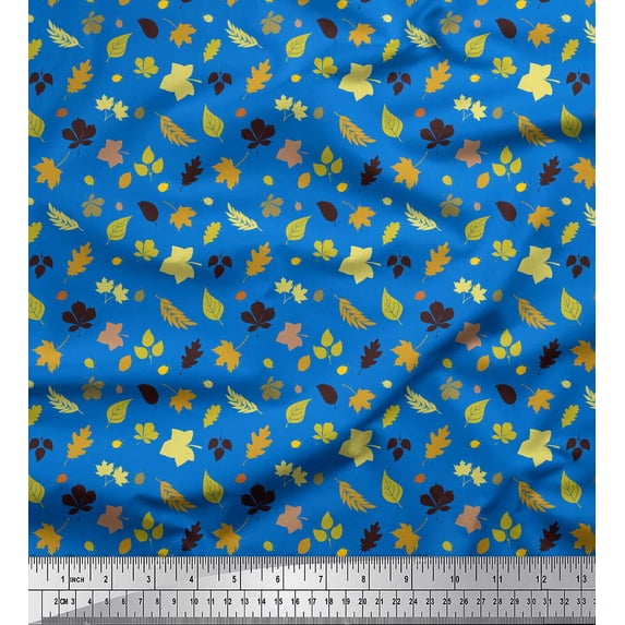 Soimoi Blue Rayon Fabric Autumn Leaves Printed Craft Fabric by the Yard 42 Inch Wide