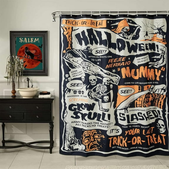 Vintage Retro Halloween Fabric Shower Curtain Spooky Bathroom Decorations, Trick or Treat Cute Cool Gothic Creepy Skull Skeleton Spirit Halloween Shower Curtain Set with Hooks, Heavy Duty Waterproof