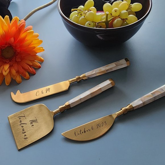 Handmade Mother of Pearl Cheese Knife Set - Cheese Set - Charcuterie Board Essentials - Gold Cheese Set- Set of 3 pieces