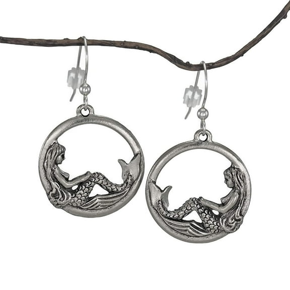 Jewelry by Dawn Round Mermaid Pewter Dangle Earrings