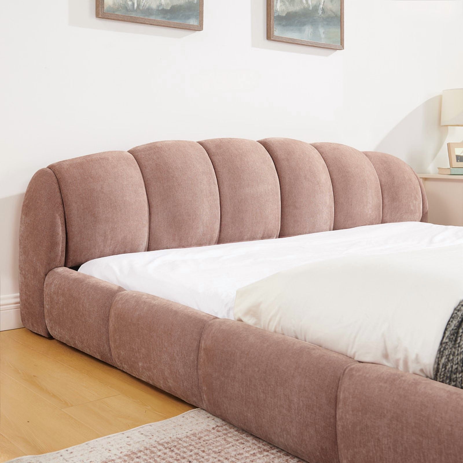 Queen/King Size Upholstered Platform Bed Frame, No Box Spring Required Low Profile Floor Bed with Padded Headboard & Footboard