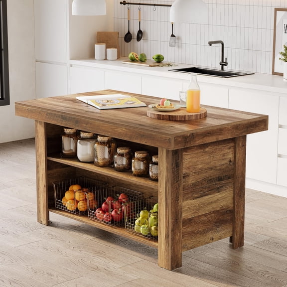 Rustic Brown Farmhouse Kitchen Island Table With 2 Open Shelves And Solid Wood Top