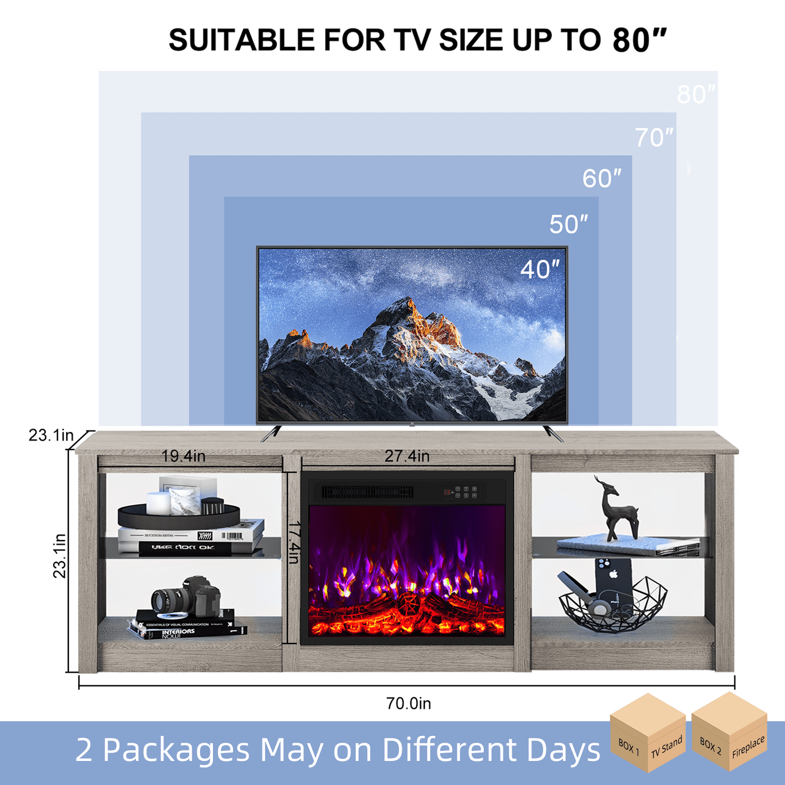 Rocyis 70’’ Fireplace TV Stand with LED Light and Entertainment Center for 80’’ TV with Adjustable Glass Shelves, White TV Console for Living Room/Bedrom,  Gray