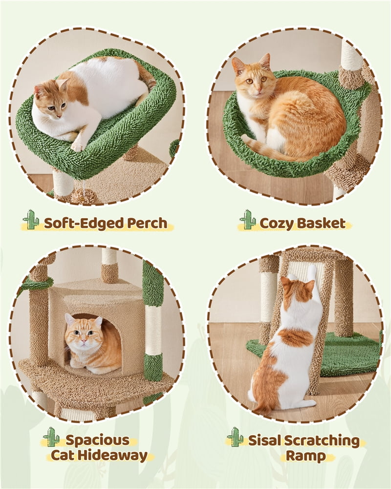 Yaheetech 42" Height Cactus Cat Tree with Scratching Posts, Basket & Ladder, Brown/Green