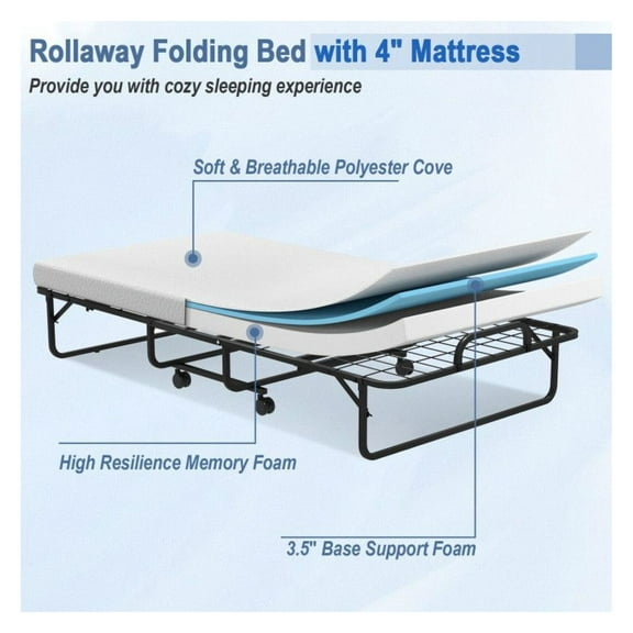 Twin Size Metal Folding Bed with 4" Memory Foam Mattress, Rollaway Guest Bed with Wheels & Lock, Space Saving Foldable Bed for Guest Room, Office, Dorm - Black & White