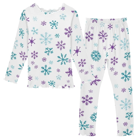 Girls Pajama Set with Long Sleeve Shirt and Pants Soft Thermal Sleepwear Blue and Purple Snowflake Pattern 2T