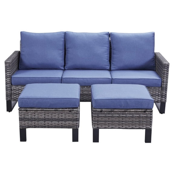PARKWELL Outdoor Sectional Furniture Sets - 3 Pieces Patio Conversation Set with Cushioned Sofa and Ottomans - Blue