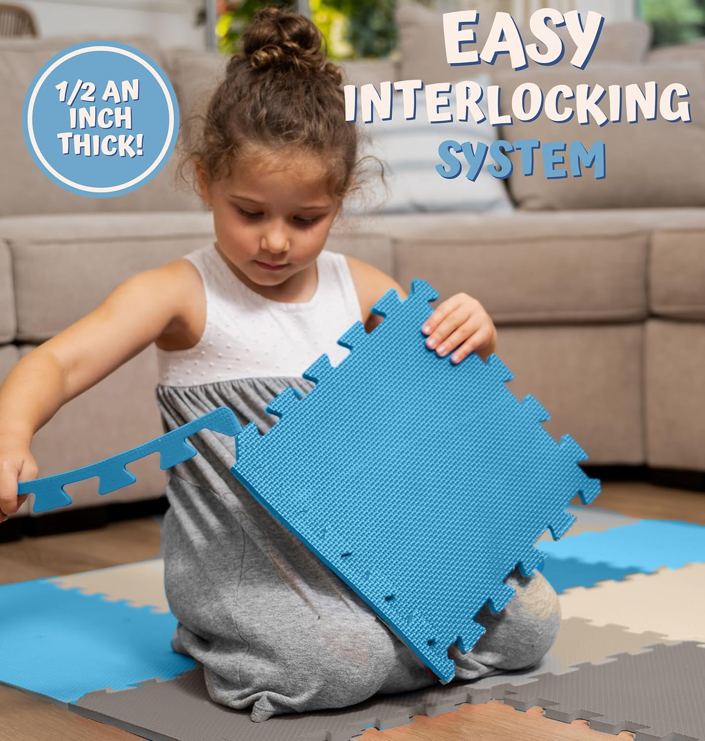 ToyVelt Foam Puzzle Floor Mat for Kids – 32 TilesMultiColor Interlocking Play Mat (Blue Brown Beige)